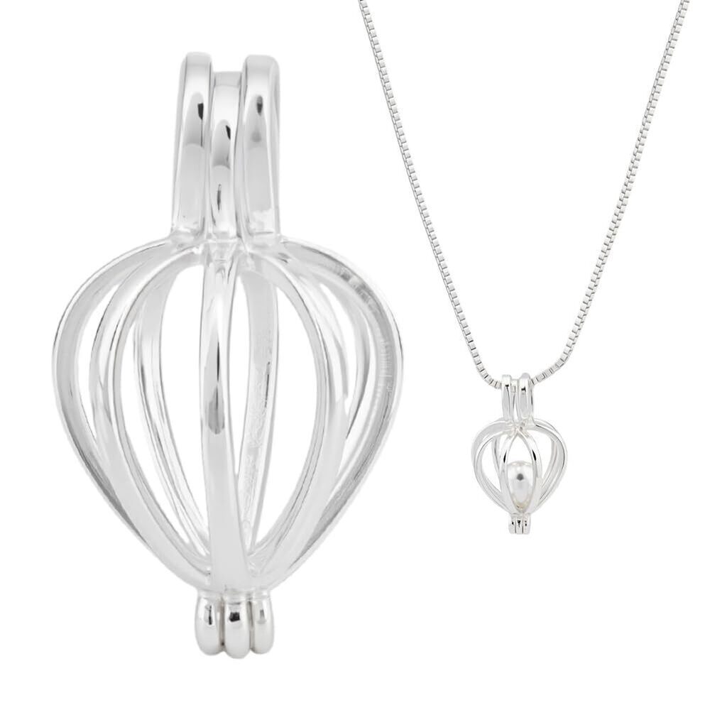 4593 925 Sterling Silver Pearl Cage Pendant Locket Bead Cage Charm Necklace